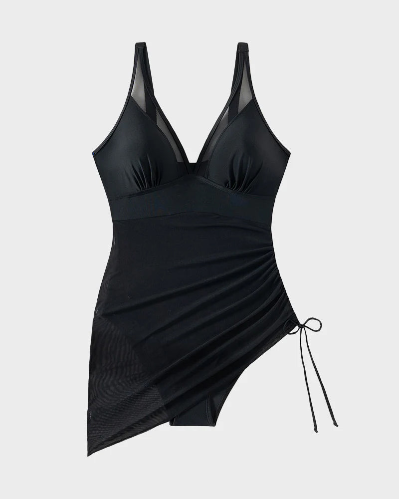 Women's Tummy Control Swim Dress Mesh Sarong Wrap Slimming Bathing Suit