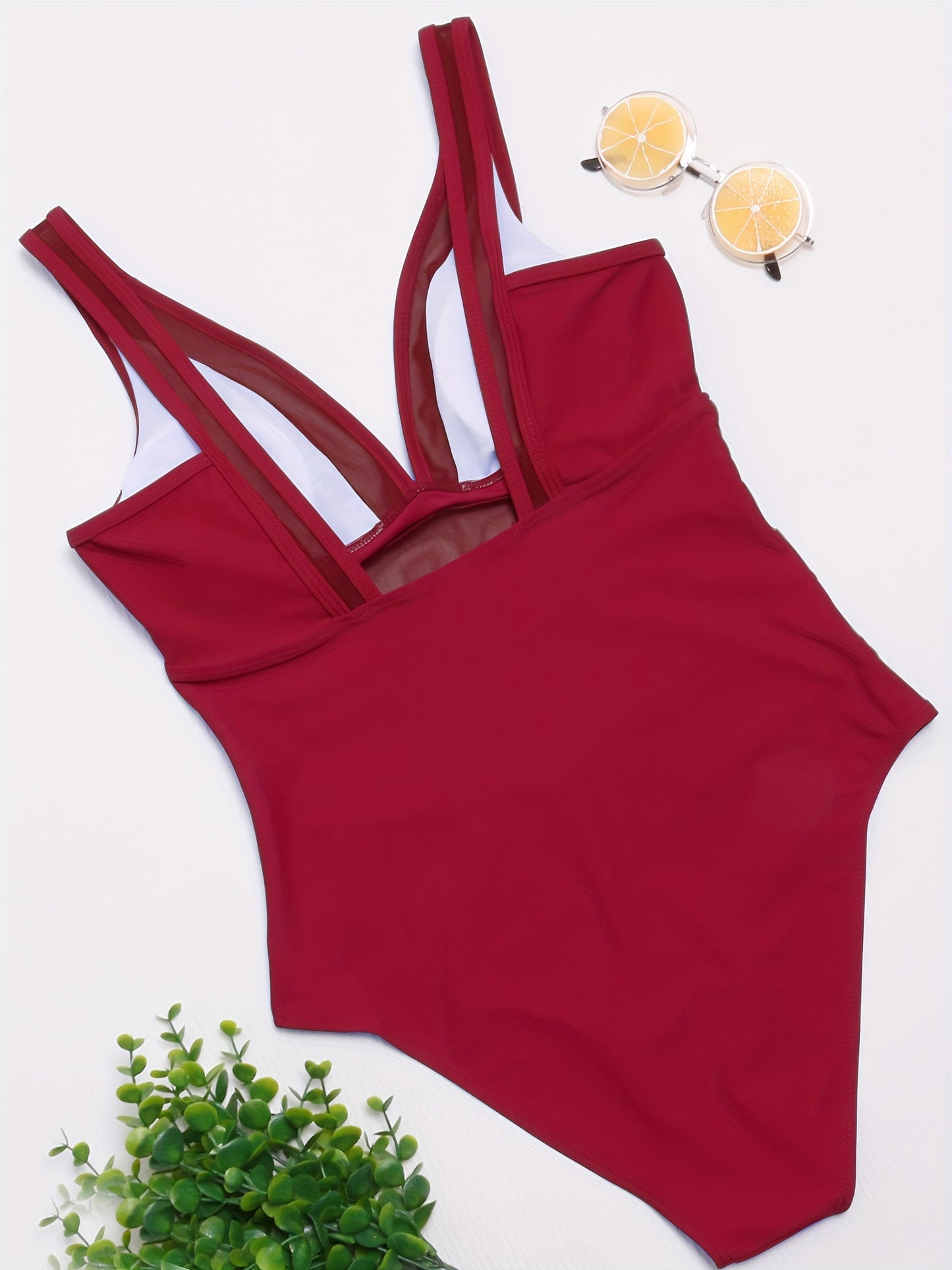 Women's Contrast Mesh One Piece Swimsuit, V Neck Solid Color Backless