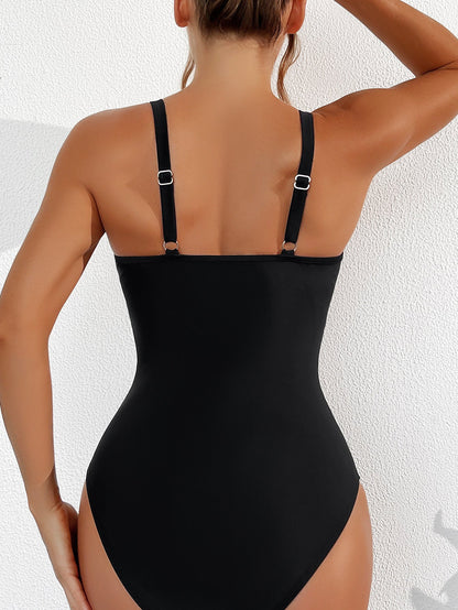 Women Plus Size One Piece Swimsuit V Neck Mesh Sheer Tummy Control