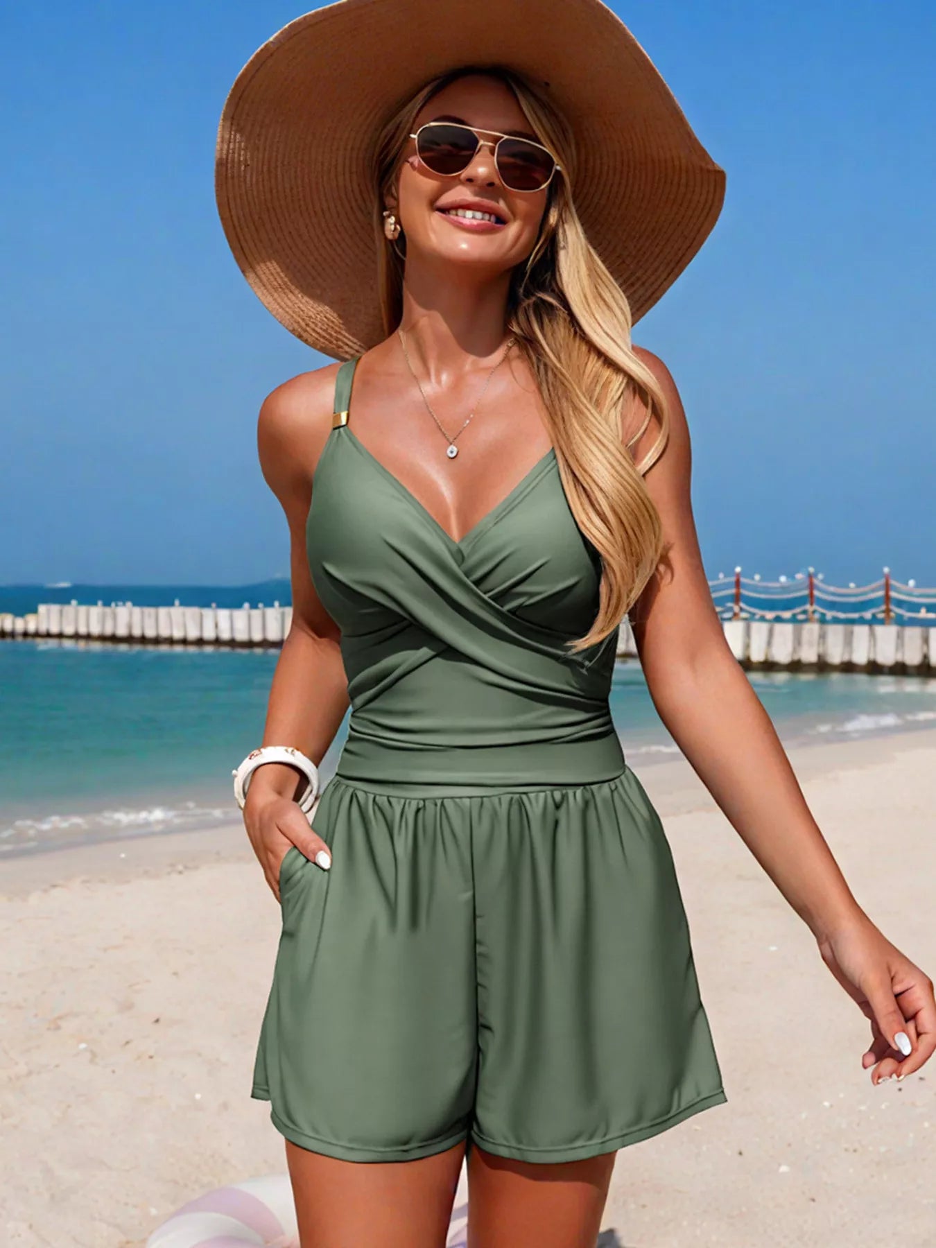 Women's V-Neck Spaghetti Strap One-Piece Swimsuit Tummy Control