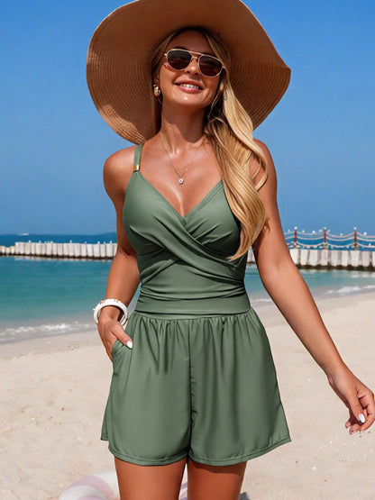 Women's V-Neck Spaghetti Strap One-Piece Swimsuit Tummy Control