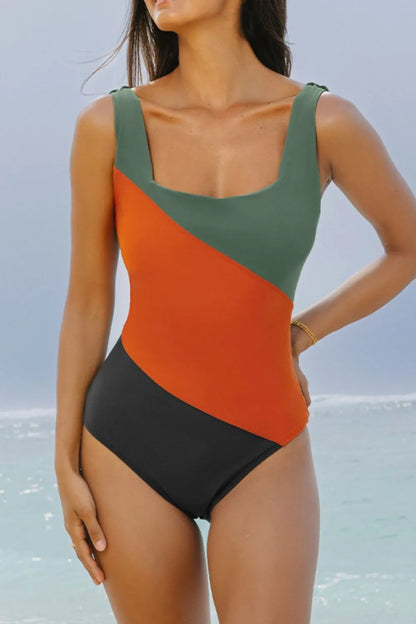 Women's Color Block Padded Square Neck One Piece Swimsuit Tummy