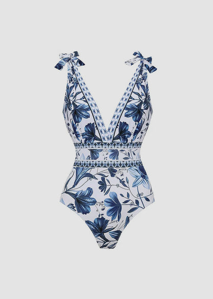 Women's V Neck Lace Up Printed One Piece Swimsuit and Skirt