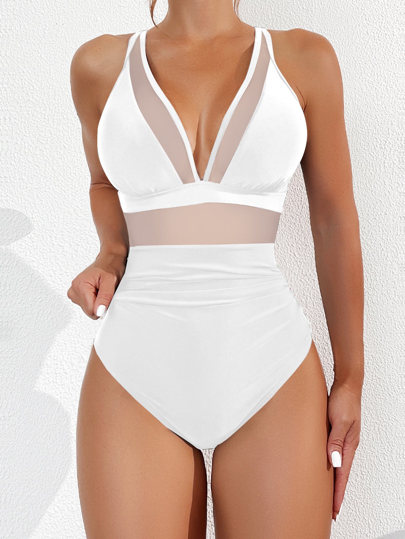 Women Plus Size One Piece Swimsuit V Neck Mesh Sheer Tummy Control