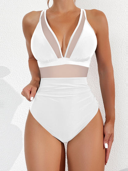 Women Plus Size One Piece Swimsuit V Neck Mesh Sheer Tummy Control