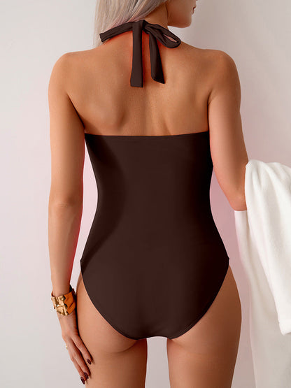 Women's One Piece Swimsuit V Neck Halter Swimwear Twist Front Ruched