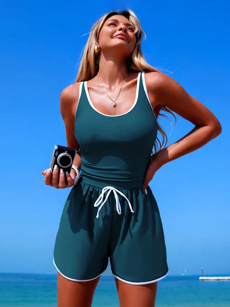 Women's Sport Contrast Binding Sport Swim Romper