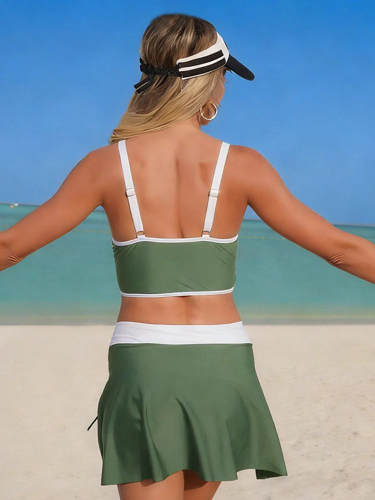 Women's Contrast Trim Drawstring Bikini Set with Skirt