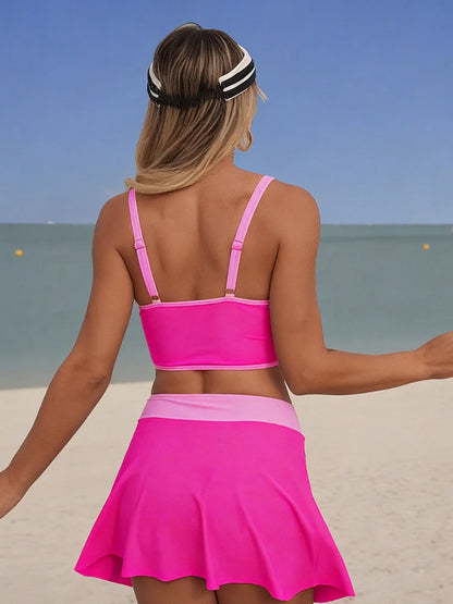 Women's Contrast Trim Drawstring Bikini Set with Skirt