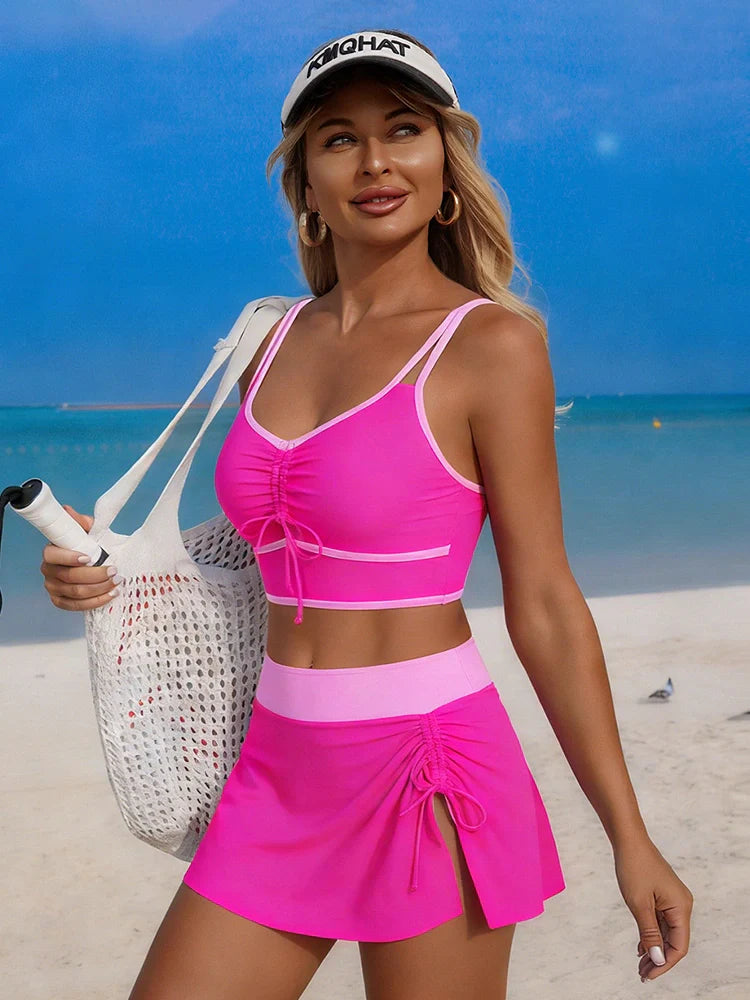 Women's Contrast Trim Drawstring Bikini Set with Skirt
