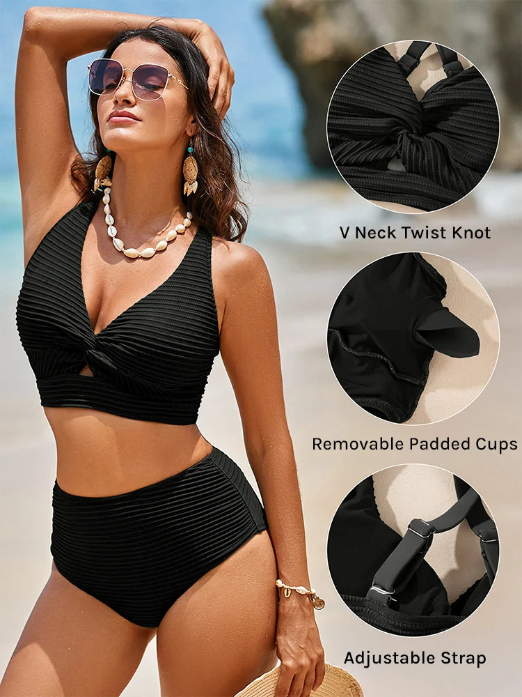Women's Seamless Textured Twist Front High-Waist Bikini Set