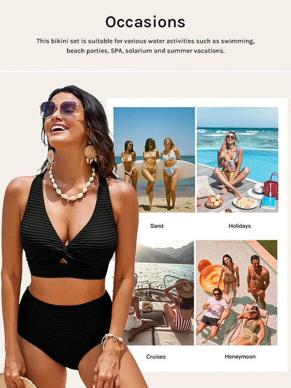 Women's Seamless Textured Twist Front High-Waist Bikini Set