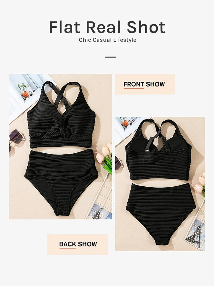 Women's Seamless Textured Twist Front High-Waist Bikini Set