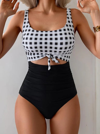Women's Striped Cutout Tummy Control One-Piece Swimsuit