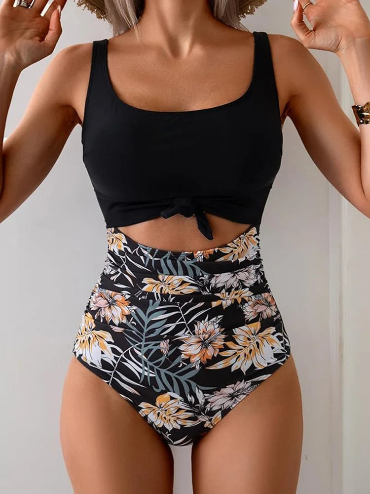 Women's Striped Cutout Tummy Control One-Piece Swimsuit