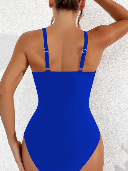 Women Plus Size One Piece Swimsuit V Neck Mesh Sheer Tummy Control