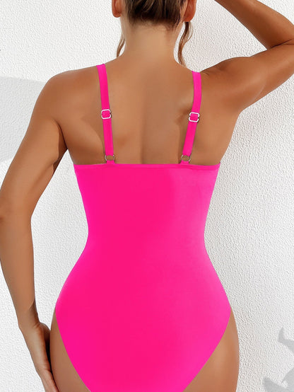 Women Plus Size One Piece Swimsuit V Neck Mesh Sheer Tummy Control