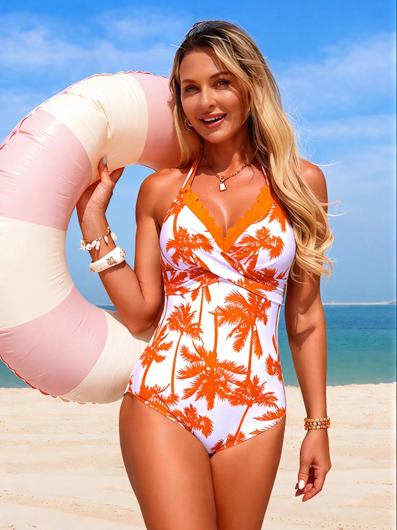 Women's Tropical Palm Print Halter Neck One-Piece Swimsuit Tummy