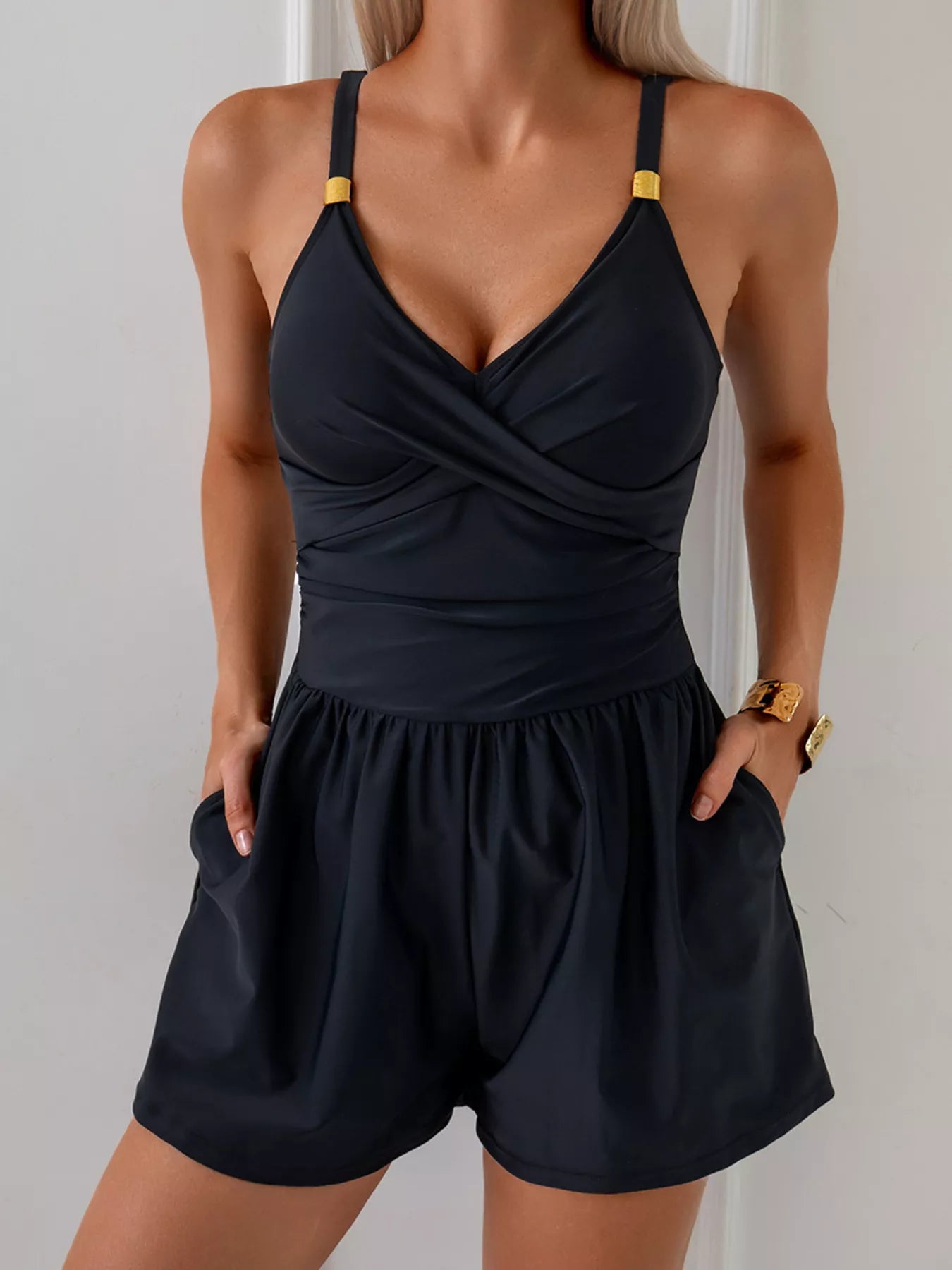 Women's V-Neck Spaghetti Strap One-Piece Swimsuit Tummy Control
