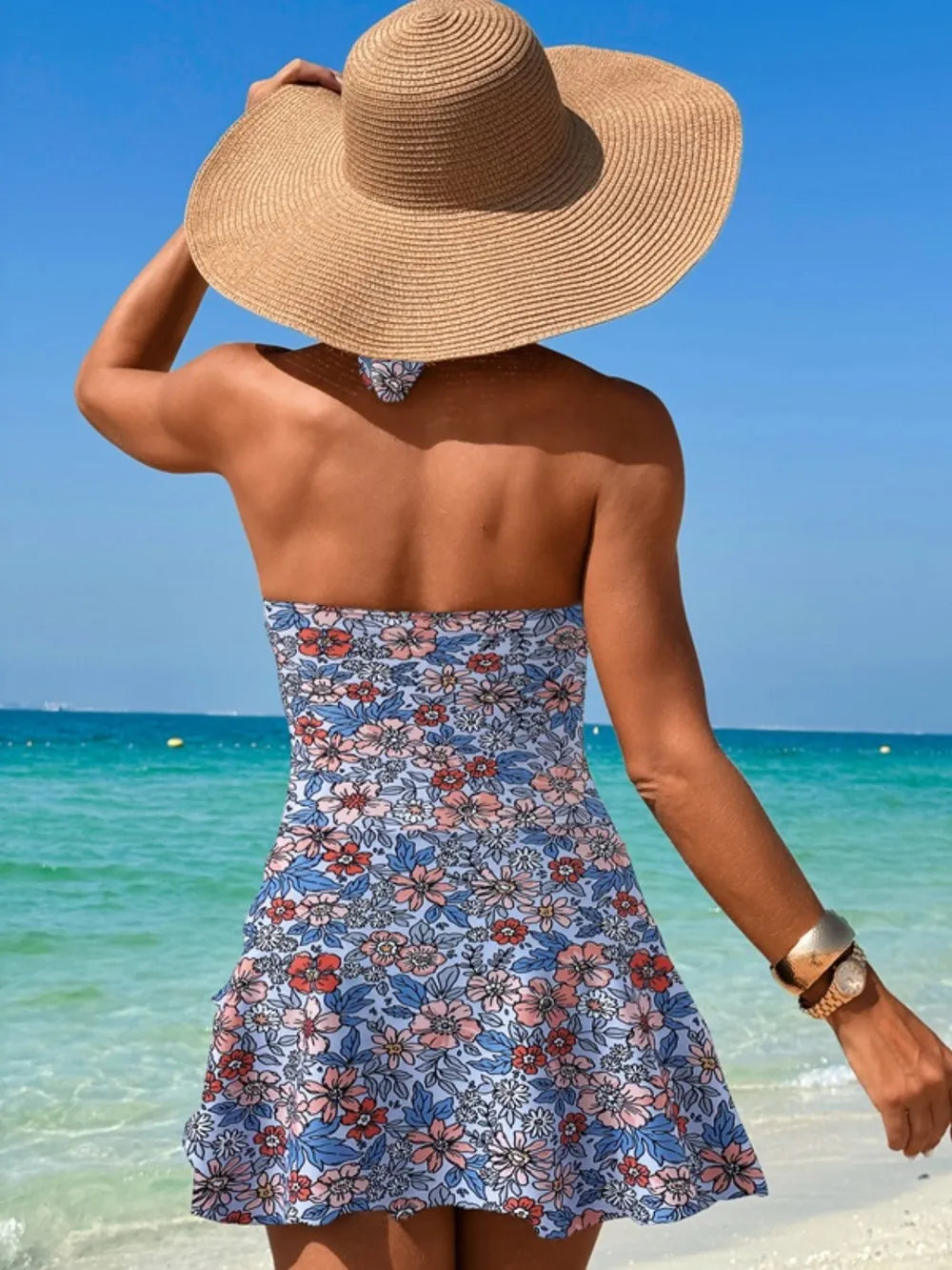 Women's Cutout Printed Halter Neck One-Piece Swimsuit Tummy Control