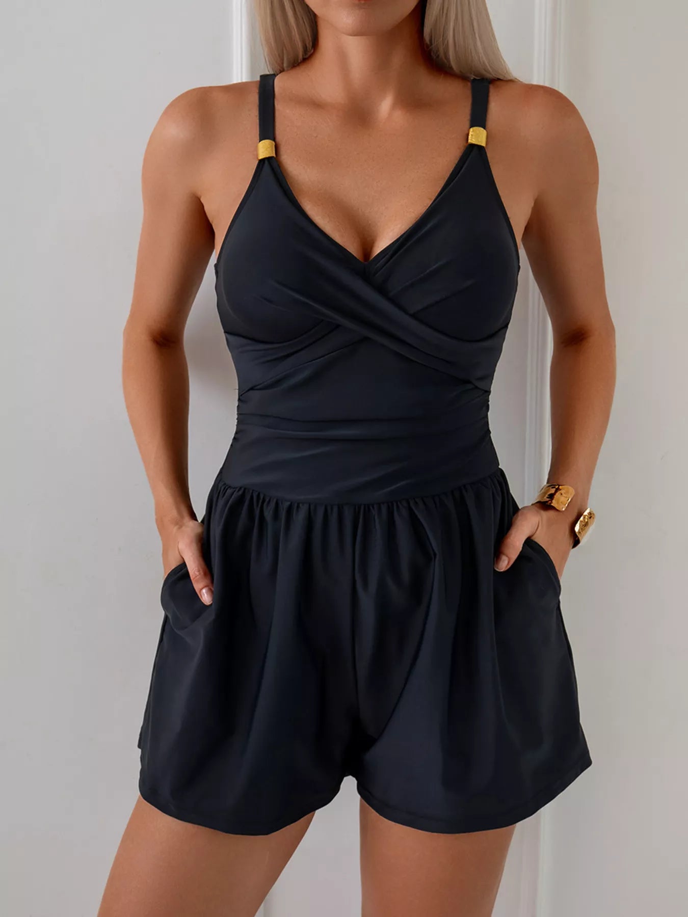 Women's V-Neck Spaghetti Strap One-Piece Swimsuit Tummy Control