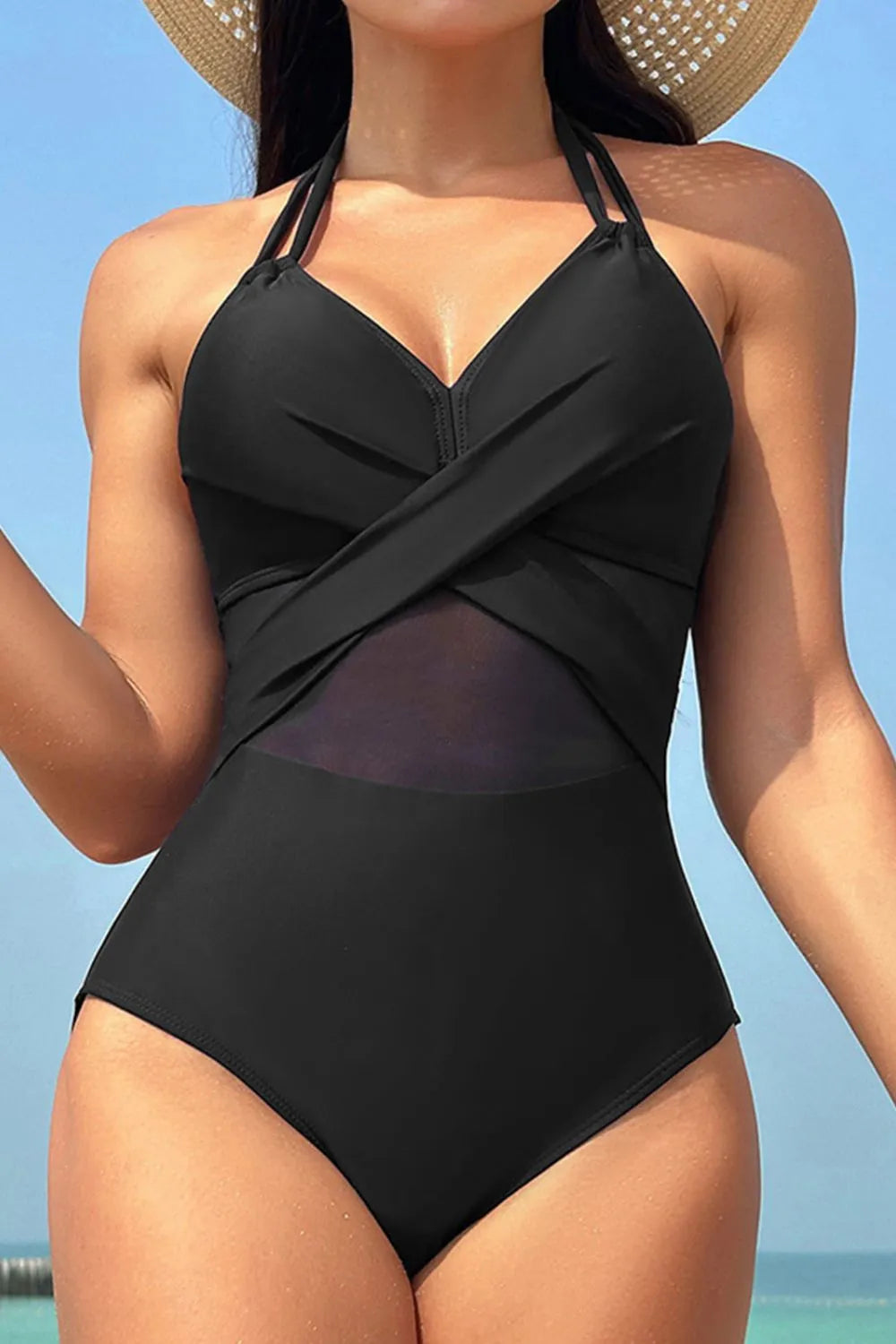 Women's Crisscross Halter Neck One-Piece Swimsuit Tummy Control