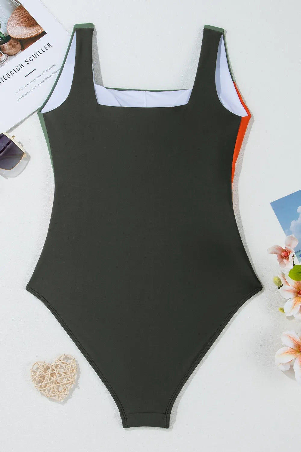 Women's Color Block Padded Square Neck One Piece Swimsuit Tummy Tummy