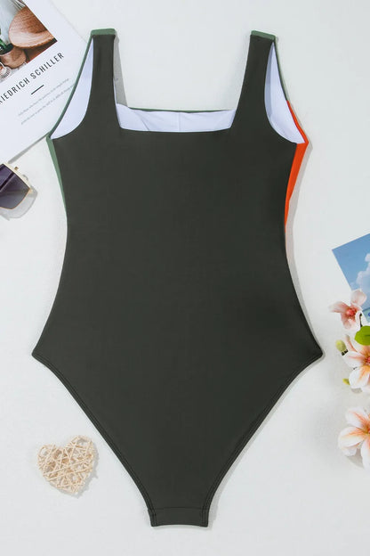 Women's Color Block Padded Square Neck One Piece Swimsuit Tummy Tummy