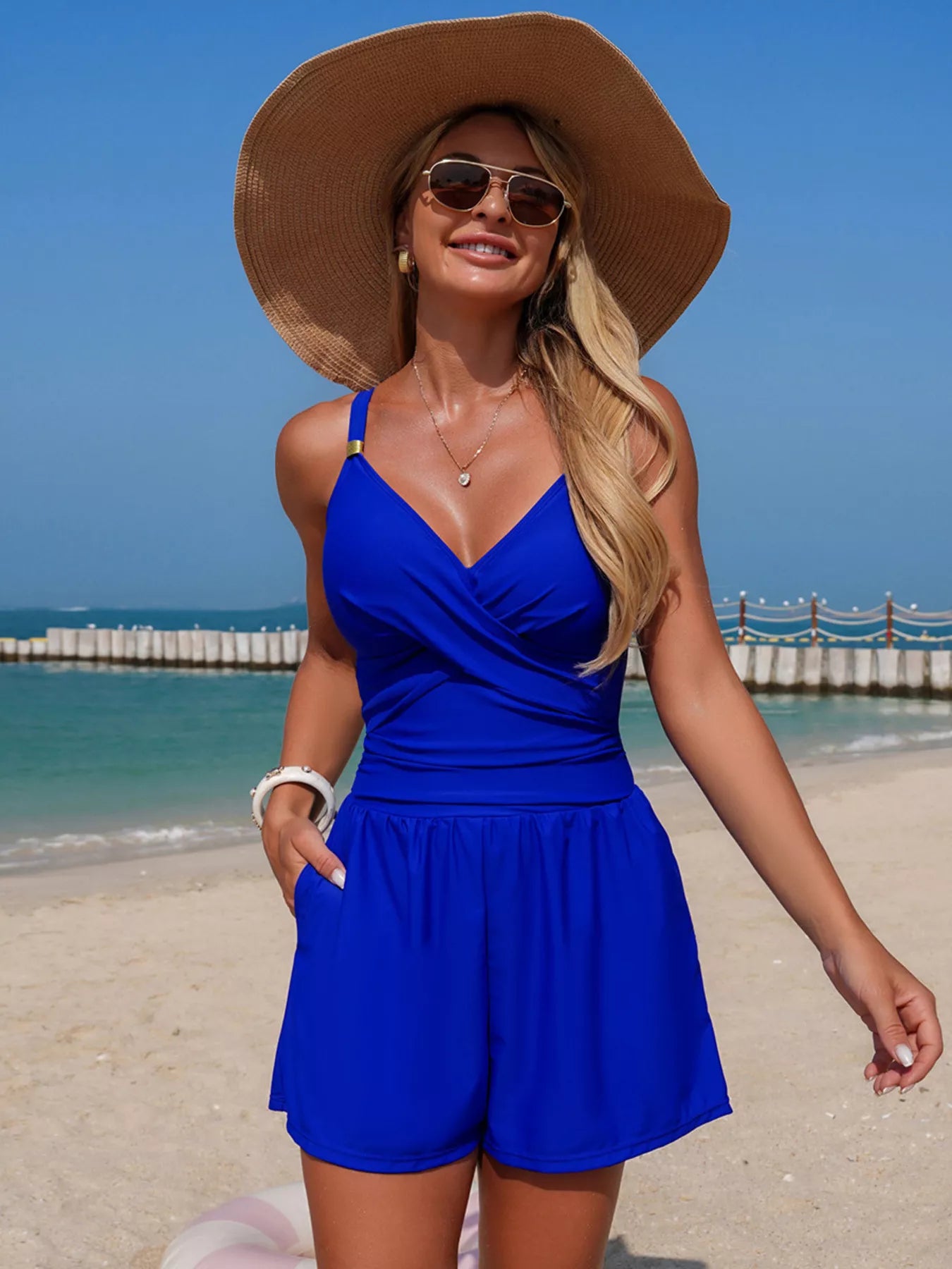 Women's V-Neck Spaghetti Strap One-Piece Swimsuit Tummy Control
