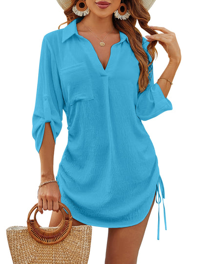 Women's Coverup Drawstring Beach Dress Shirt Tummy Control