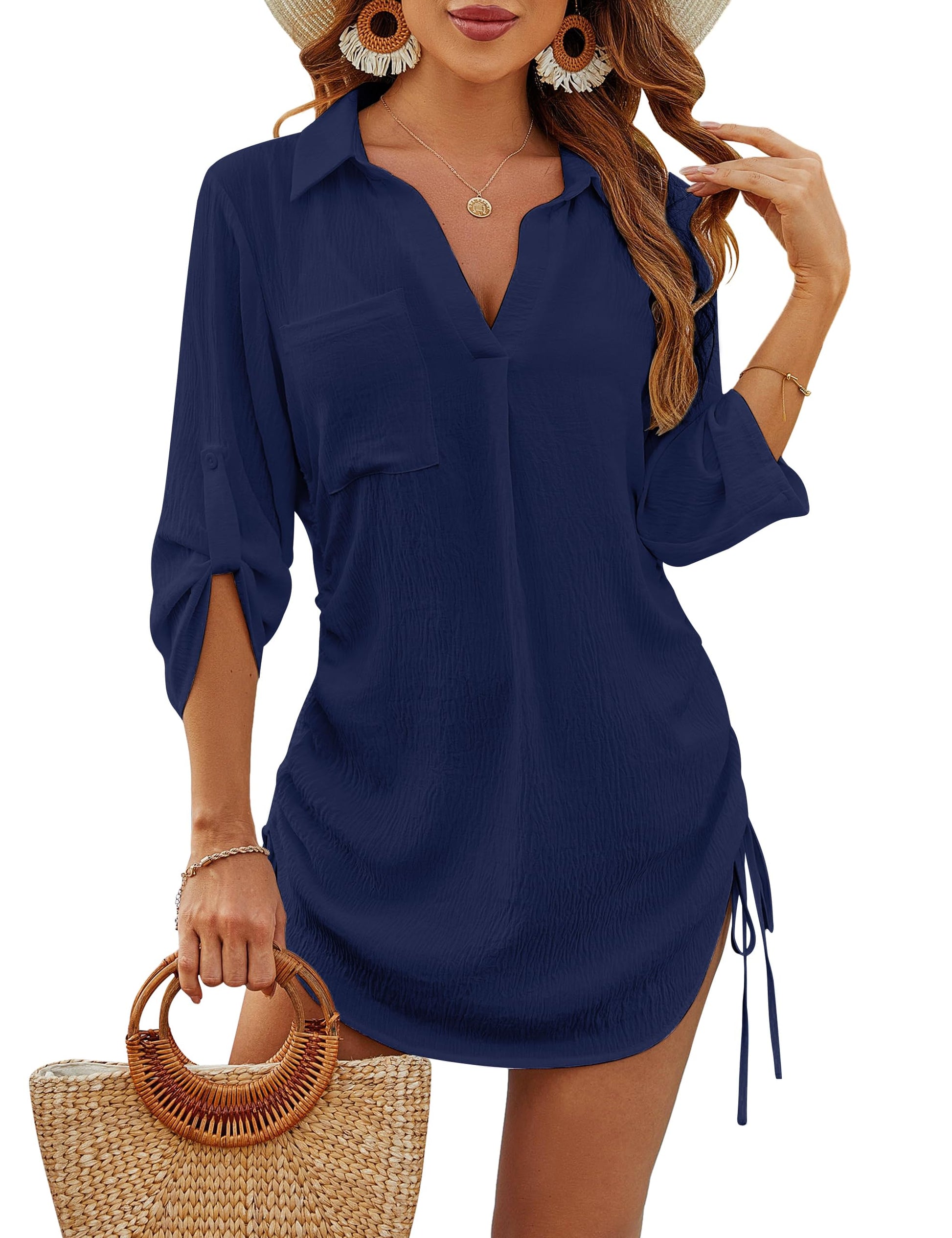 Women's Coverup Drawstring Beach Dress Shirt Tummy Control