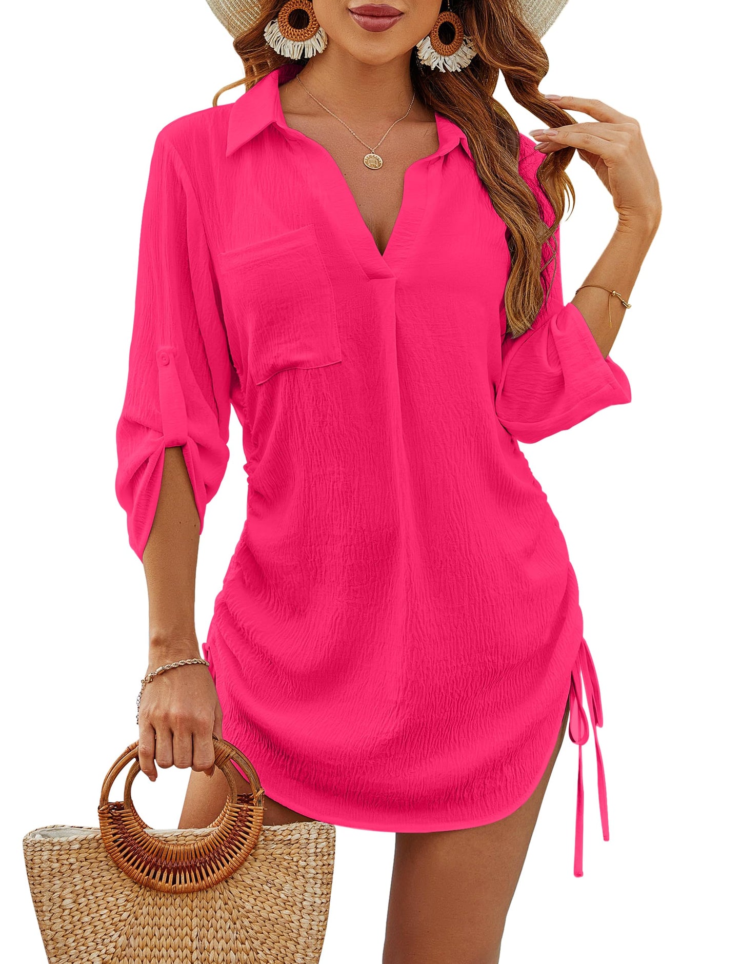 Women's Coverup Drawstring Beach Dress Shirt Tummy Control