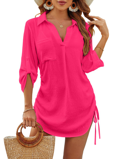 Women's Coverup Drawstring Beach Dress Shirt Tummy Control
