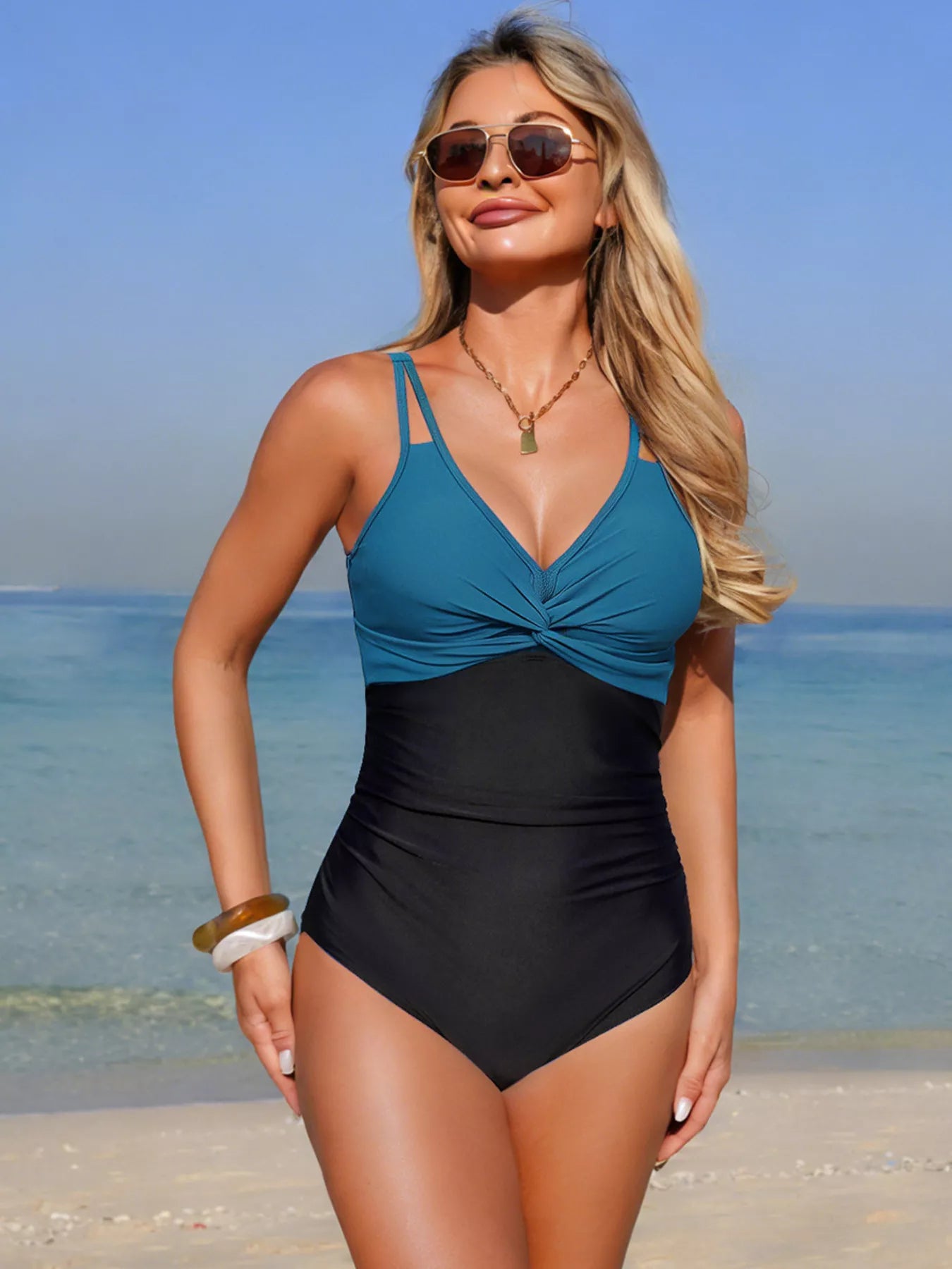 Women's Twisted Front V-Neck One-Piece Swimsuit Tummy Control