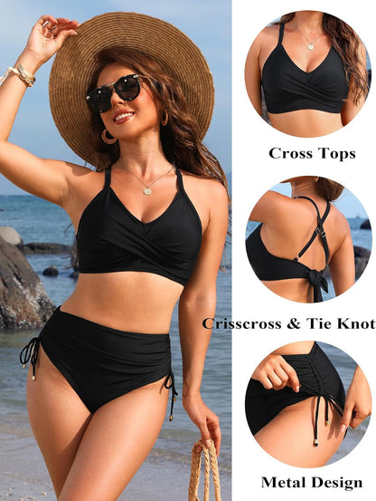 Women's High Waisted Bikini Sets Drawstring Tummy Control Swimsuits