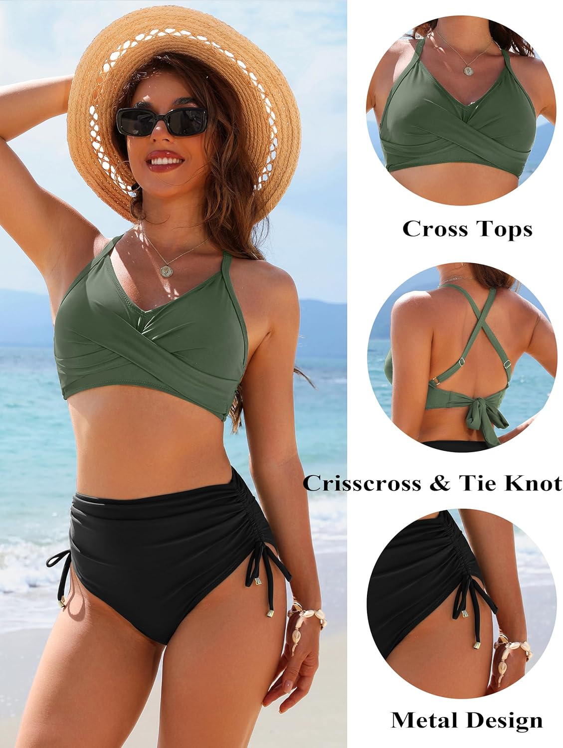 Women's High Waisted Bikini Sets Drawstring Tummy Control Swimsuits