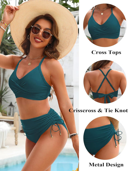 Women's High Waisted Bikini Sets Drawstring Tummy Control Swimsuits