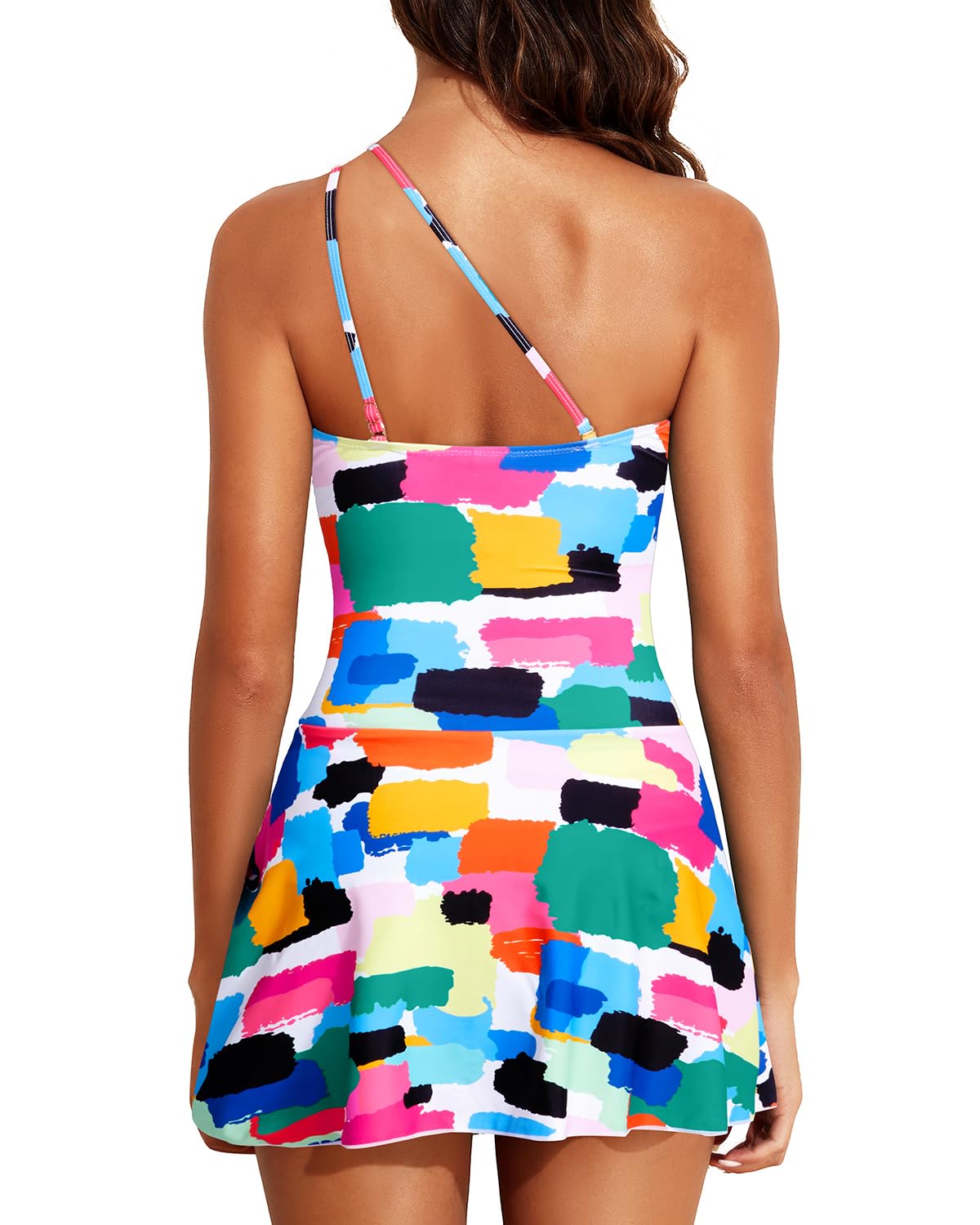 Women One Piece Swim Dress One Shoulder Swimsuit with Skirt