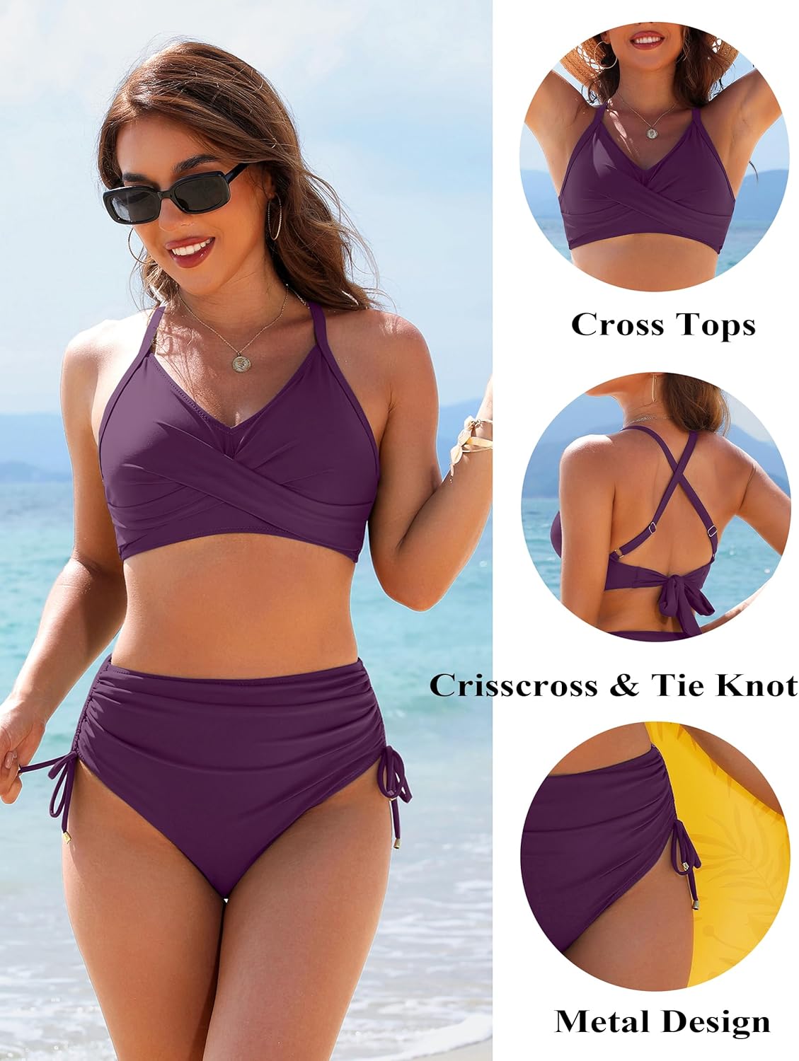 Women's High Waisted Bikini Sets Drawstring Tummy Control Swimsuits