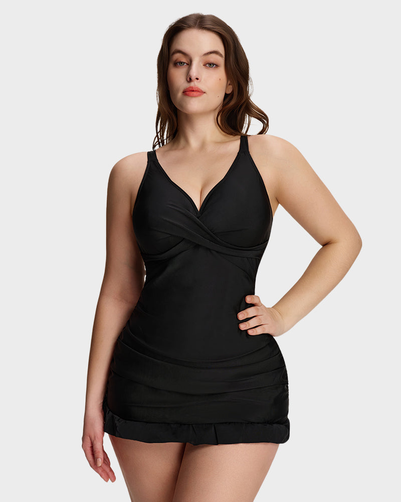 Women's Deep V Cross Back Ruched One Piece Swimsuit Tummy Control