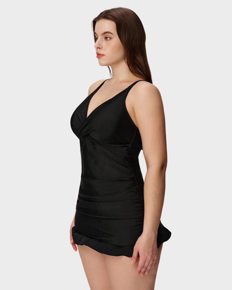 Women's Deep V Cross Back Ruched One Piece Swimsuit Tummy Control