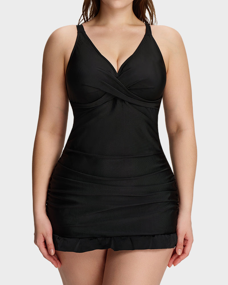 Women's Deep V Cross Back Ruched One Piece Swimsuit Tummy Control