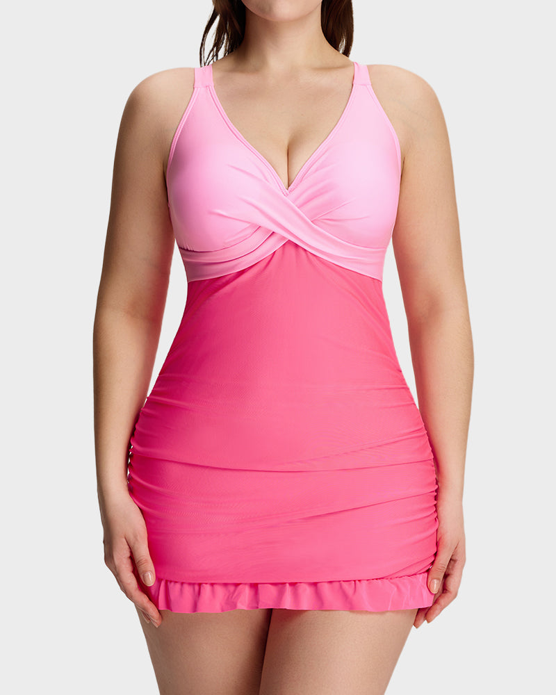 Women's Deep V Cross Back Ruched One Piece Swimsuit Tummy Control
