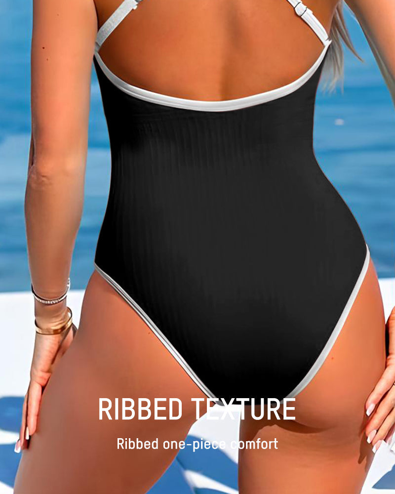 Women's Deep V Ribbed Cross Back One Piece Swimsuit Tummy Control