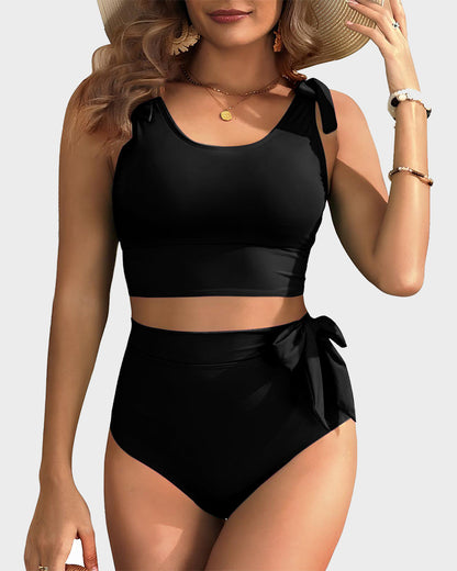 Women's Double Tie Shoulder High Waist Tummy Control Bikini Set
