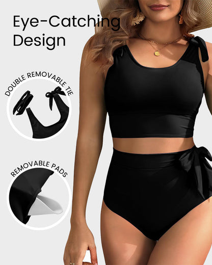 Women's Double Tie Shoulder High Waist Tummy Control Bikini Set