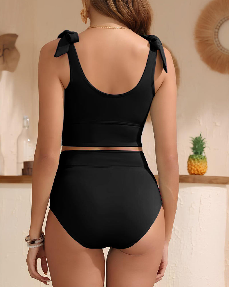 Women's Double Tie Shoulder High Waist Tummy Control Bikini Set