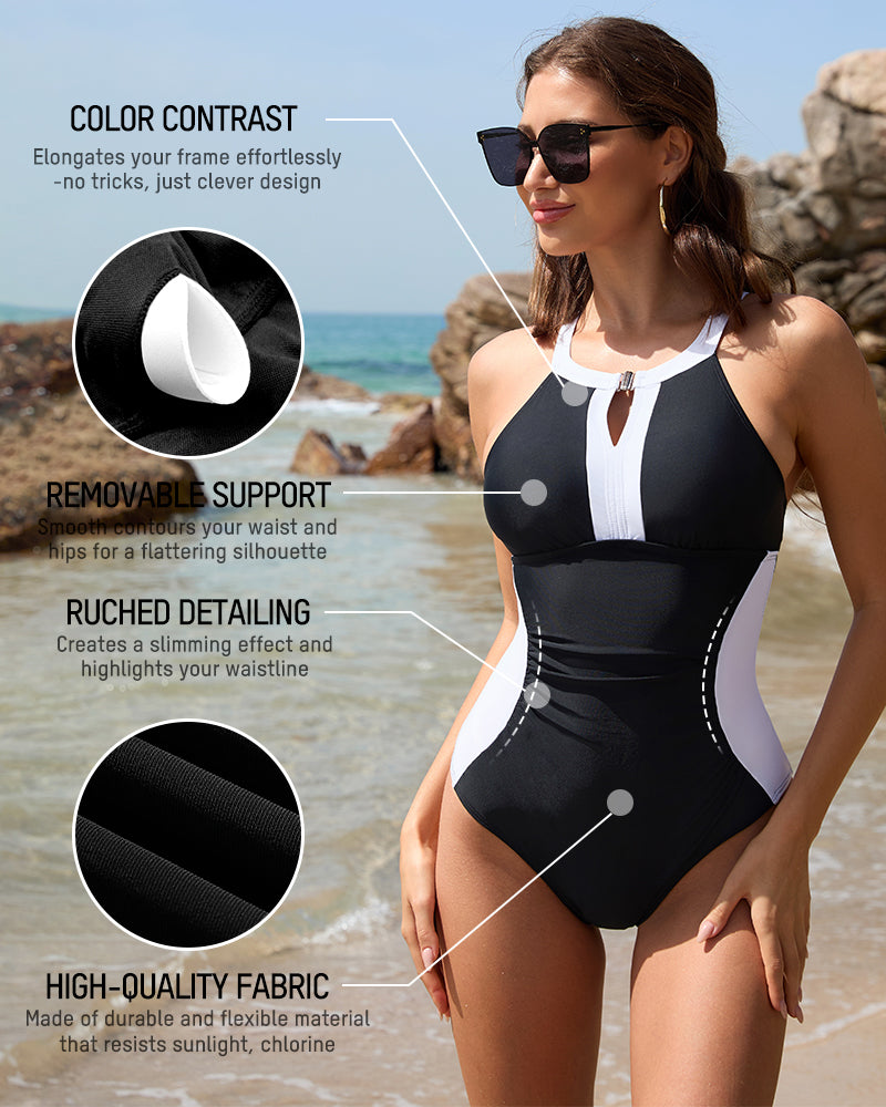 Women's Full Coverage Retro Color Block Swimwear