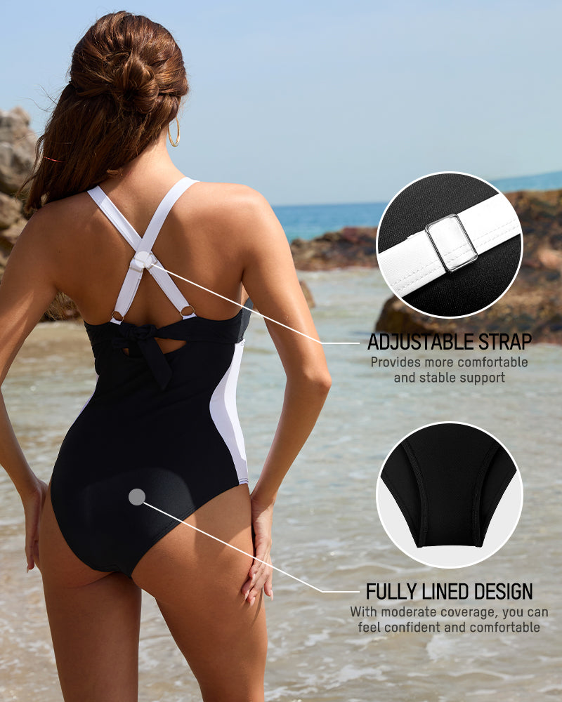 Women's Full Coverage Retro Color Block Swimwear