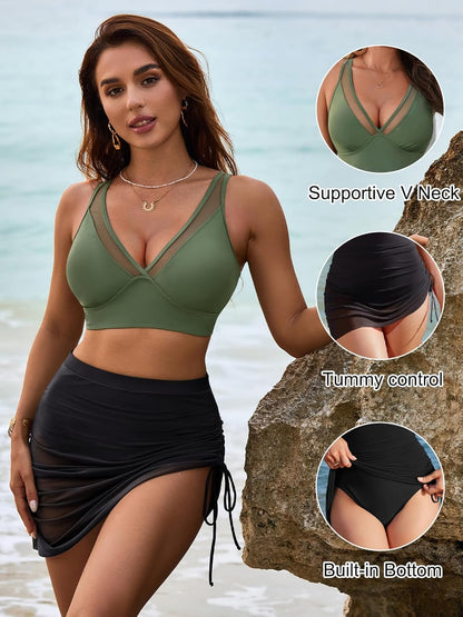 Womens Swim Skirt High Waisted Bikini Sets Tummy Control Swimsuits